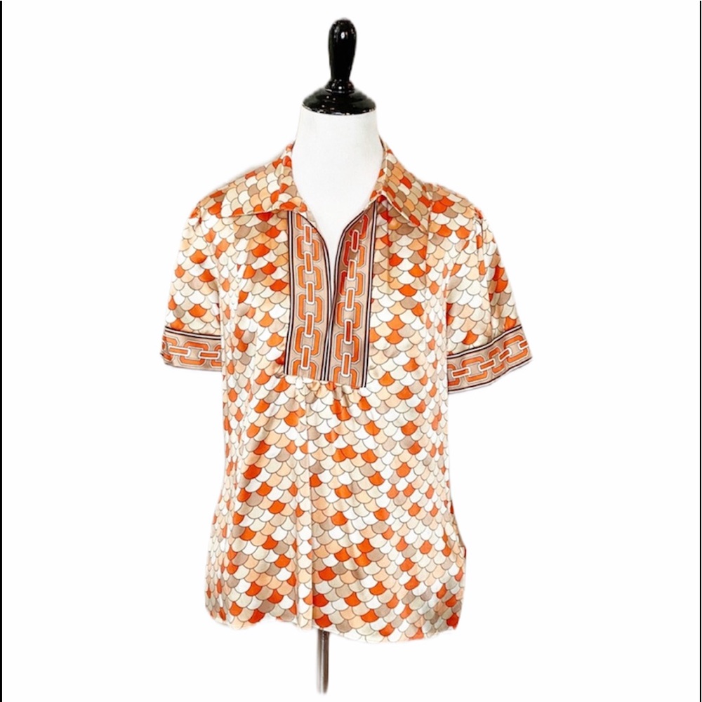 ECI New York Retro Peacock Pattern Silk Collar blouse Size Medium